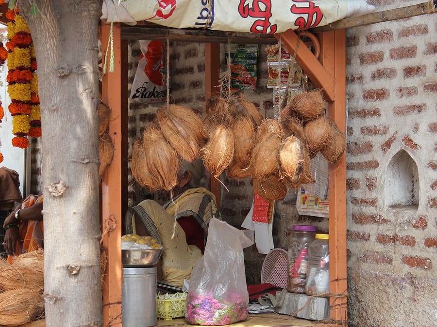 A roadside stall with coconuts hanging from its roof and marigold garlands beside it