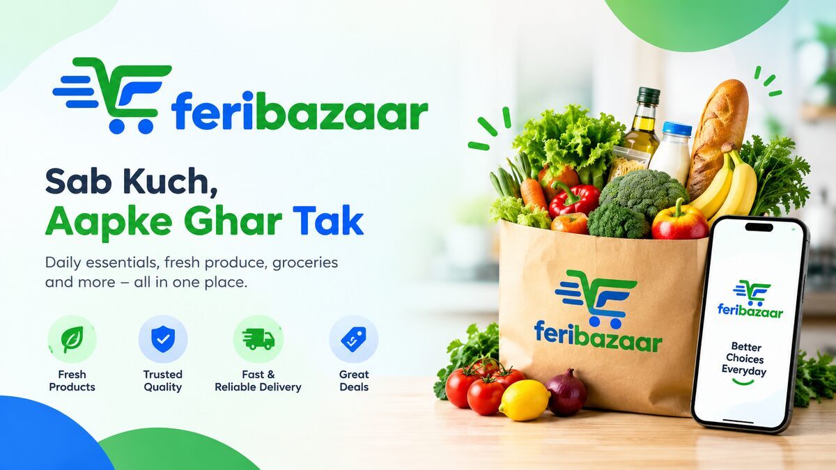 Paper grocery bag filled with fresh vegetables, fruit, bread, cooking oil and milk, beside a phone showing the FeriBazaar app