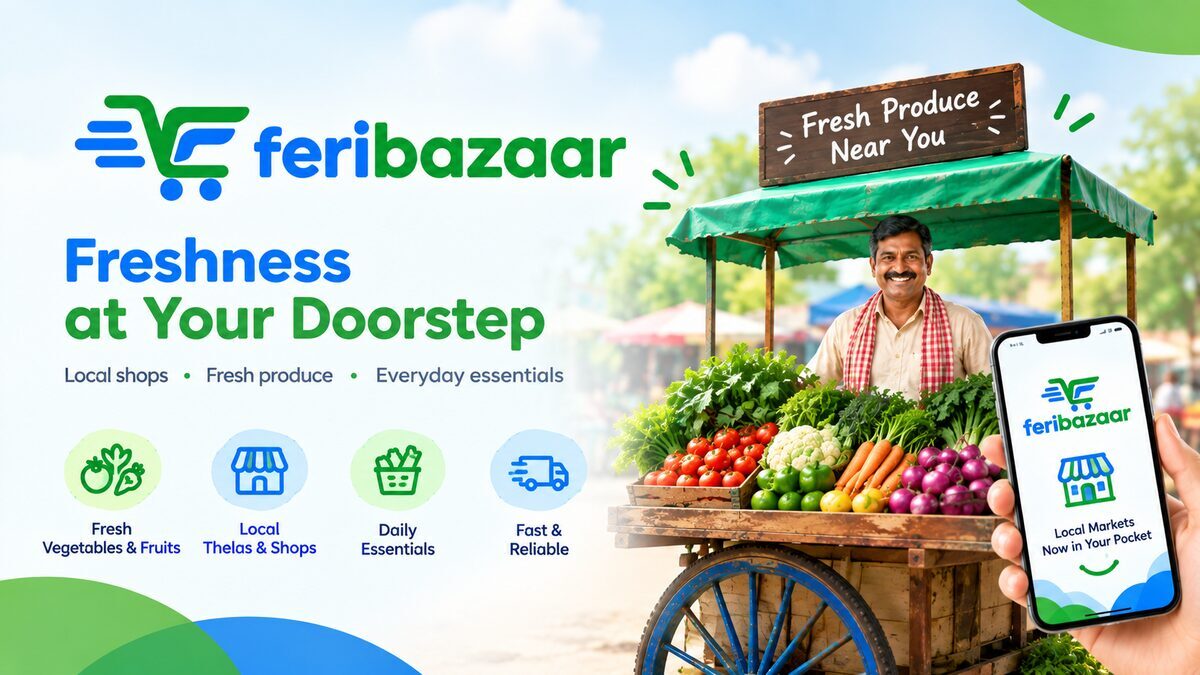 Smiling vegetable vendor behind a wooden thela cart loaded with fresh vegetables, beside a hand holding the FeriBazaar app
