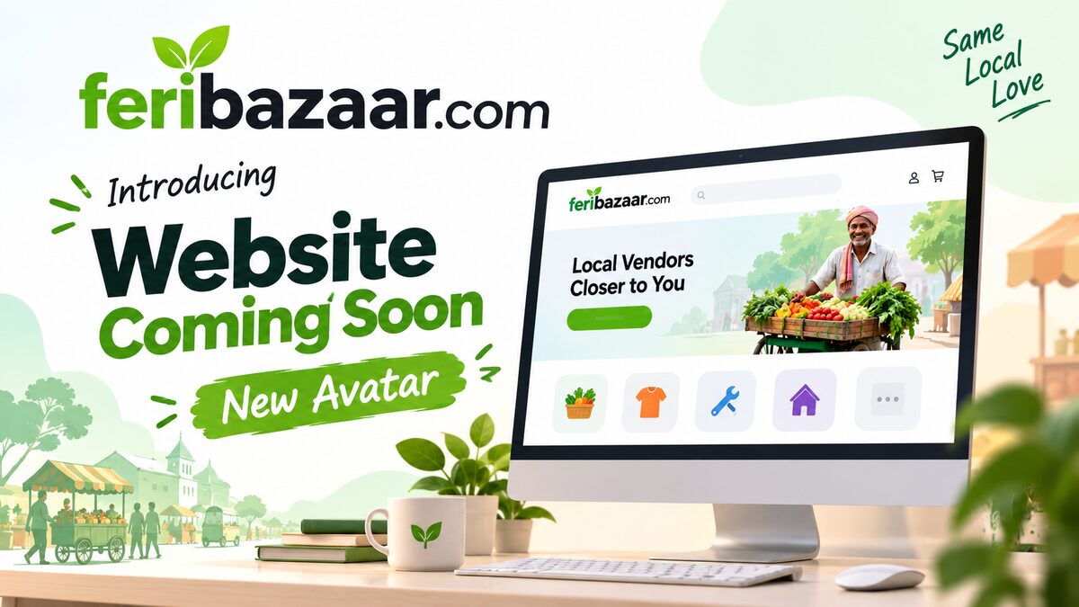 FeriBazaar.com website coming soon in a new avatar — the redesigned homepage shown on a desktop screen beside an illustrated street market